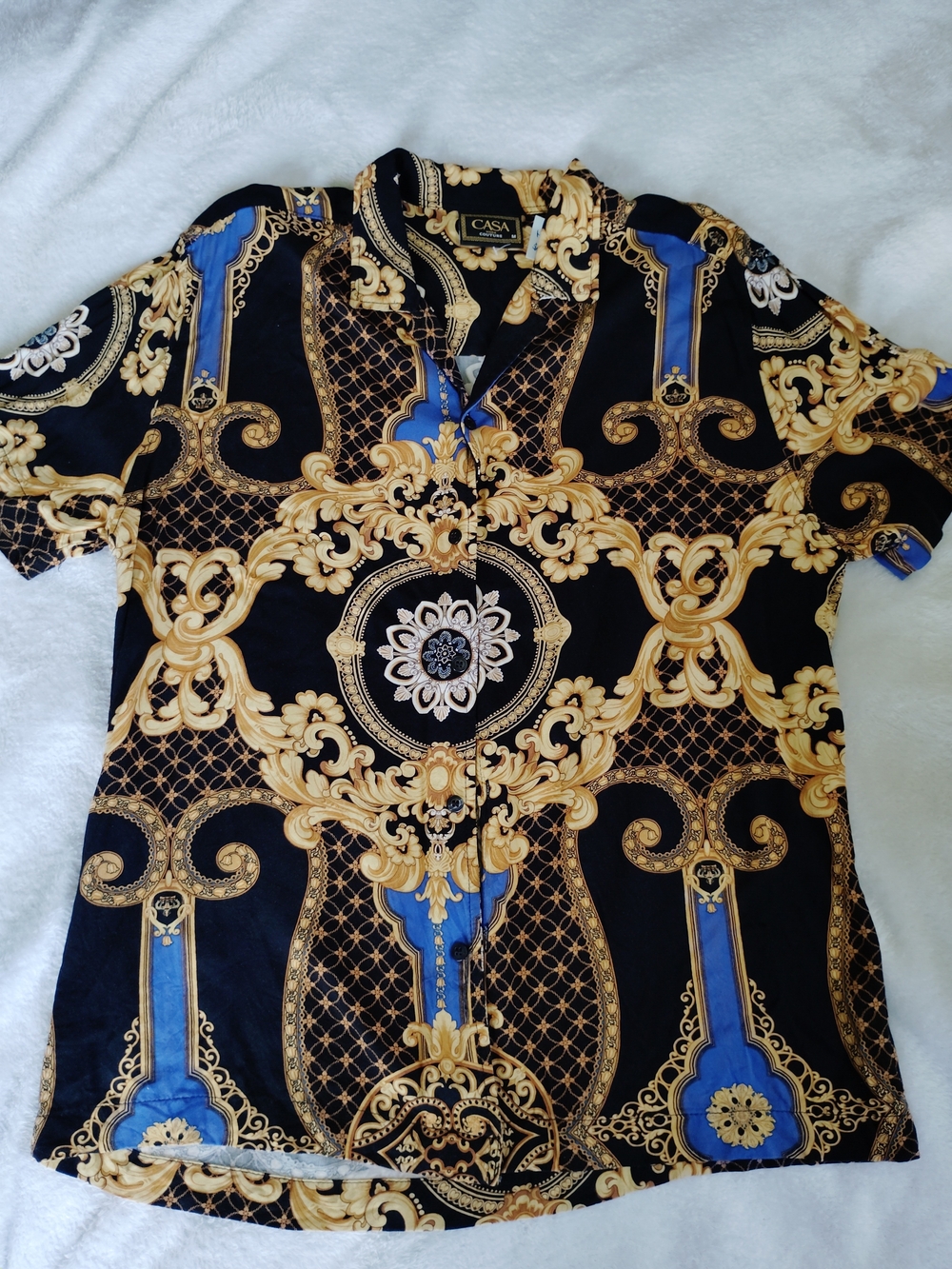 Casa Moda Couture Button Up Shirt Mens M Black Gold Short Sleeve Barcelona Greek